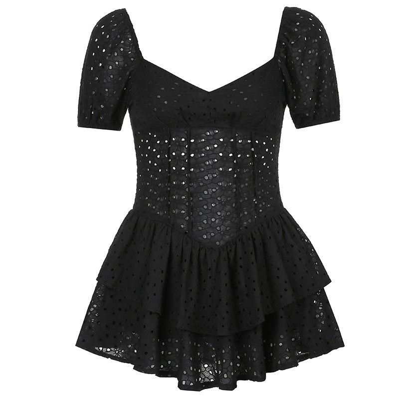 V Neck Ruffles Pleated Dress Women Puff Sleeve Chic Black Summer Dress 2025 Part
