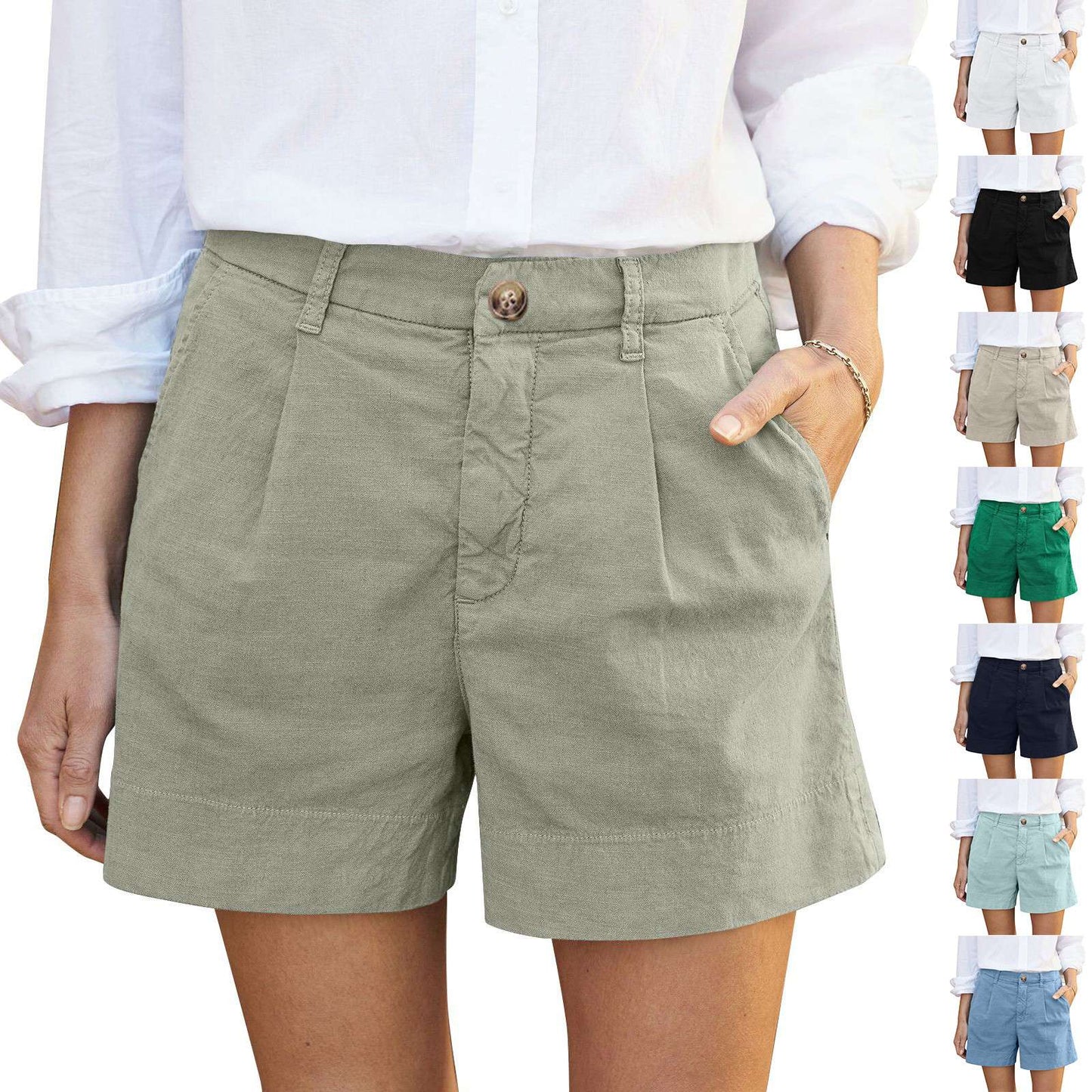 Cotton Linen Solid Shorts For Women Button High Waist Summer Loose Casual Pockets Shorts Female Pants Women Clothing