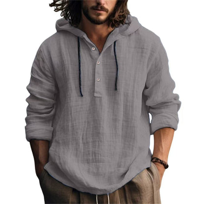 Casual Hood T Shirt Cotton Linen Flax Blouse Tee Tops Long Sleeves Men Holiday Beach Spring Solid Plain Tunic Loose Hoodie Shirt