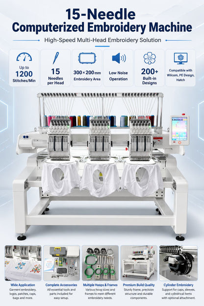Multi Function 1204 4 Heads 15 Needles Industrial Automatic Computerized 3D Home Use New 1200 RPM Motor Cap Embroidery Machine