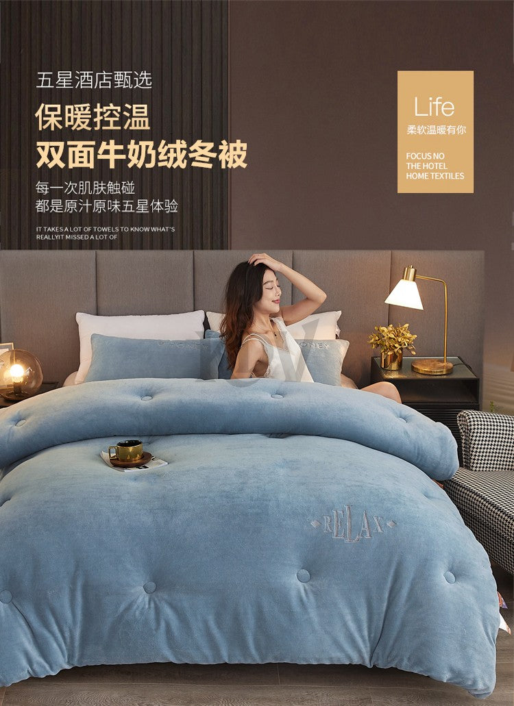 Double Sided Milk Velvet Winter Comforter Thickened Warm Double Layer Flannel King Size Quilts for Bed Solid Soft Plush Duvets