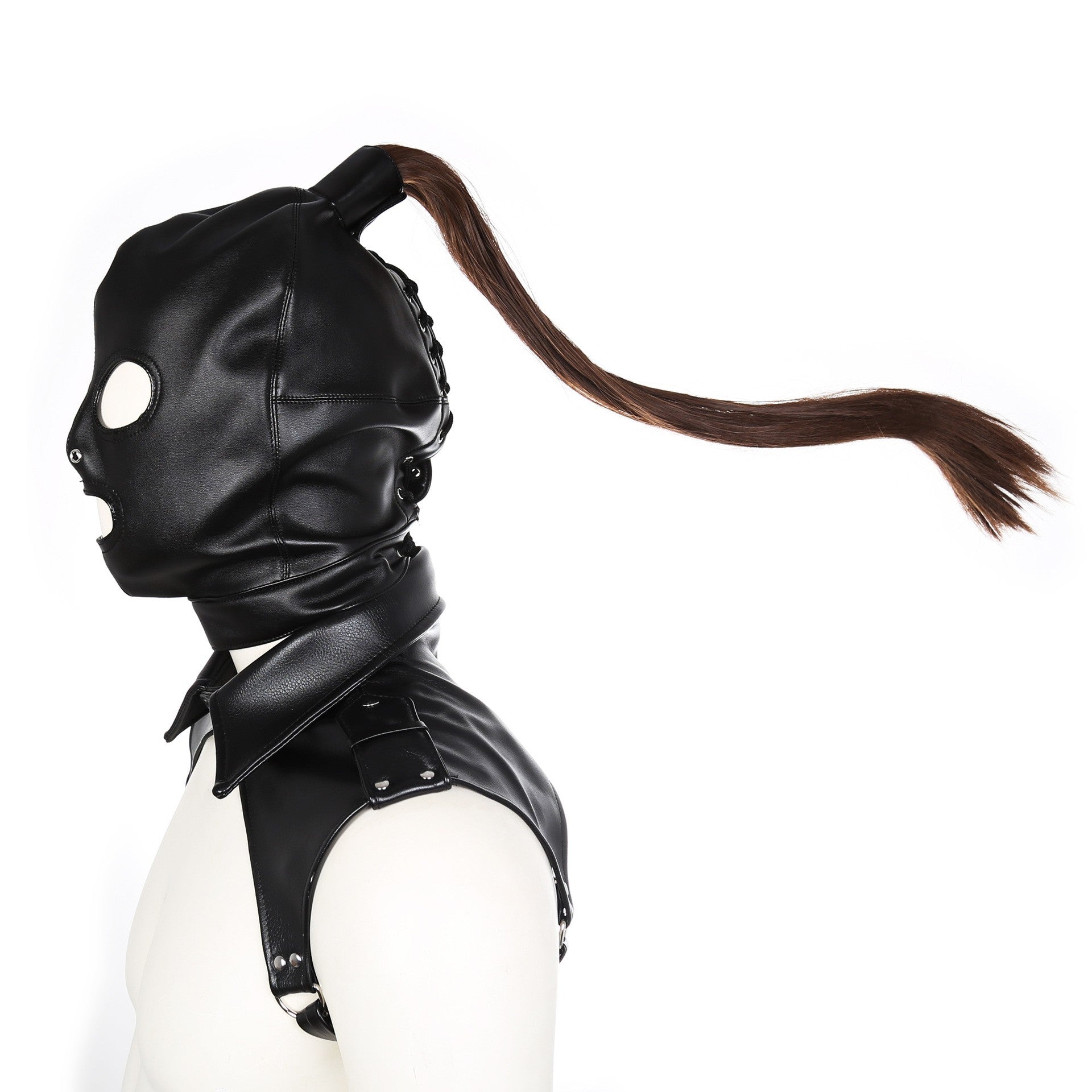Unisex Latex Hood Mask Sexy Men Women PU Leather Masks Cosplay Flirting Tail Chest Strap Headwear Cosplay Sexy Accessory
