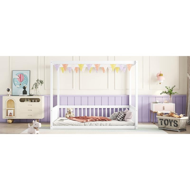 Full-Size Canopy Bed Frame with Safety Rails and Fence - White Finish