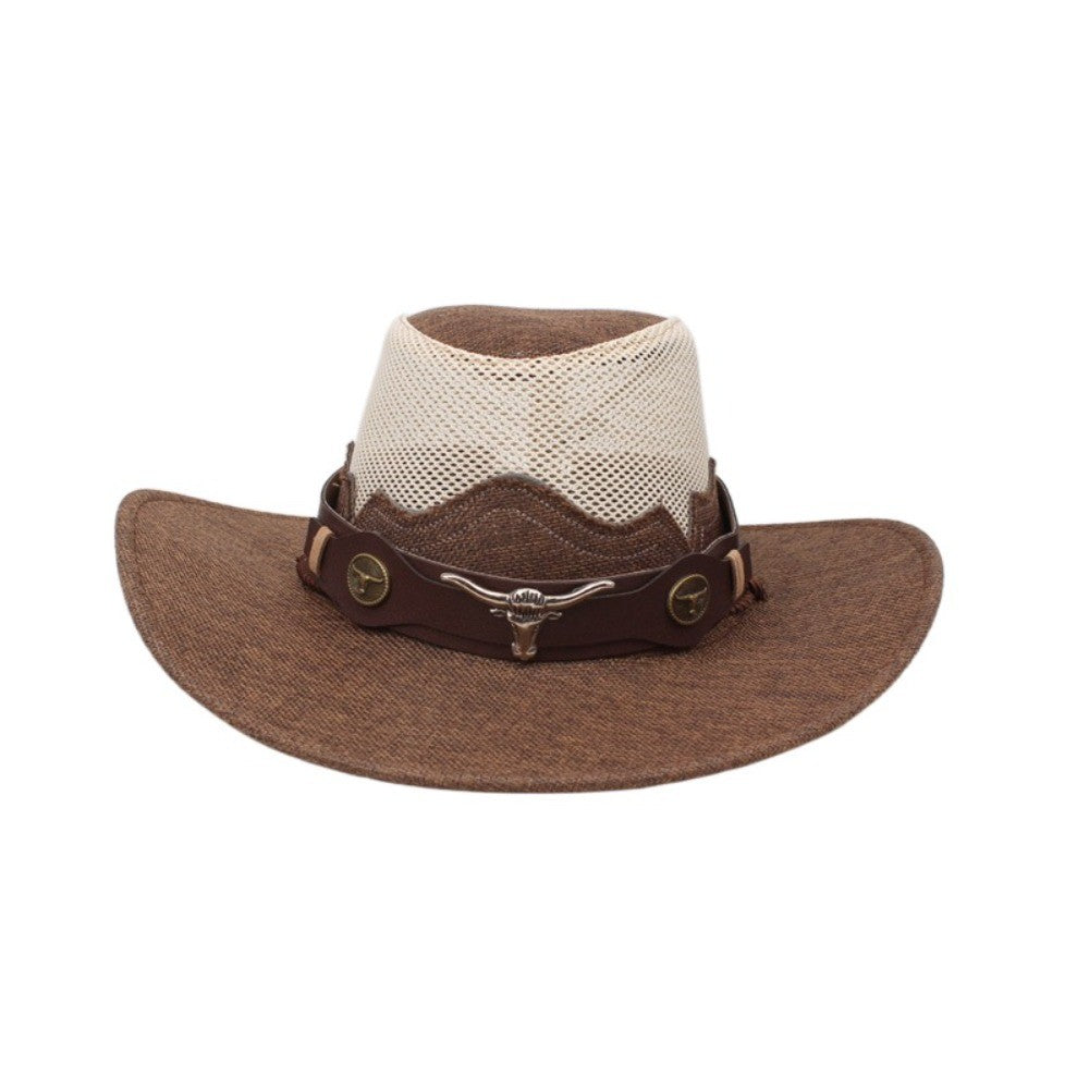 Chapéu de Cowboy Ocidental de Aba Larga Estilo Étnico Viseira Boné Balde Protetor Solar Chapéu de Cavaleiro de Malha Proteção Solar Chapéu de Pescador Viagem