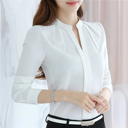 Chiffon Blouse Women Korean Fashion Women Clothing White Shirt  Long Sleeve Blouses V-neck Womens Tops Basic Shirts and Blouses