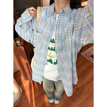 Ice Blue Plaid Long Sleeve Shirt Unisex Premium Cleanfit Denim Fabric V-neck Open Cardigan Style Holiday Vibes Short Length