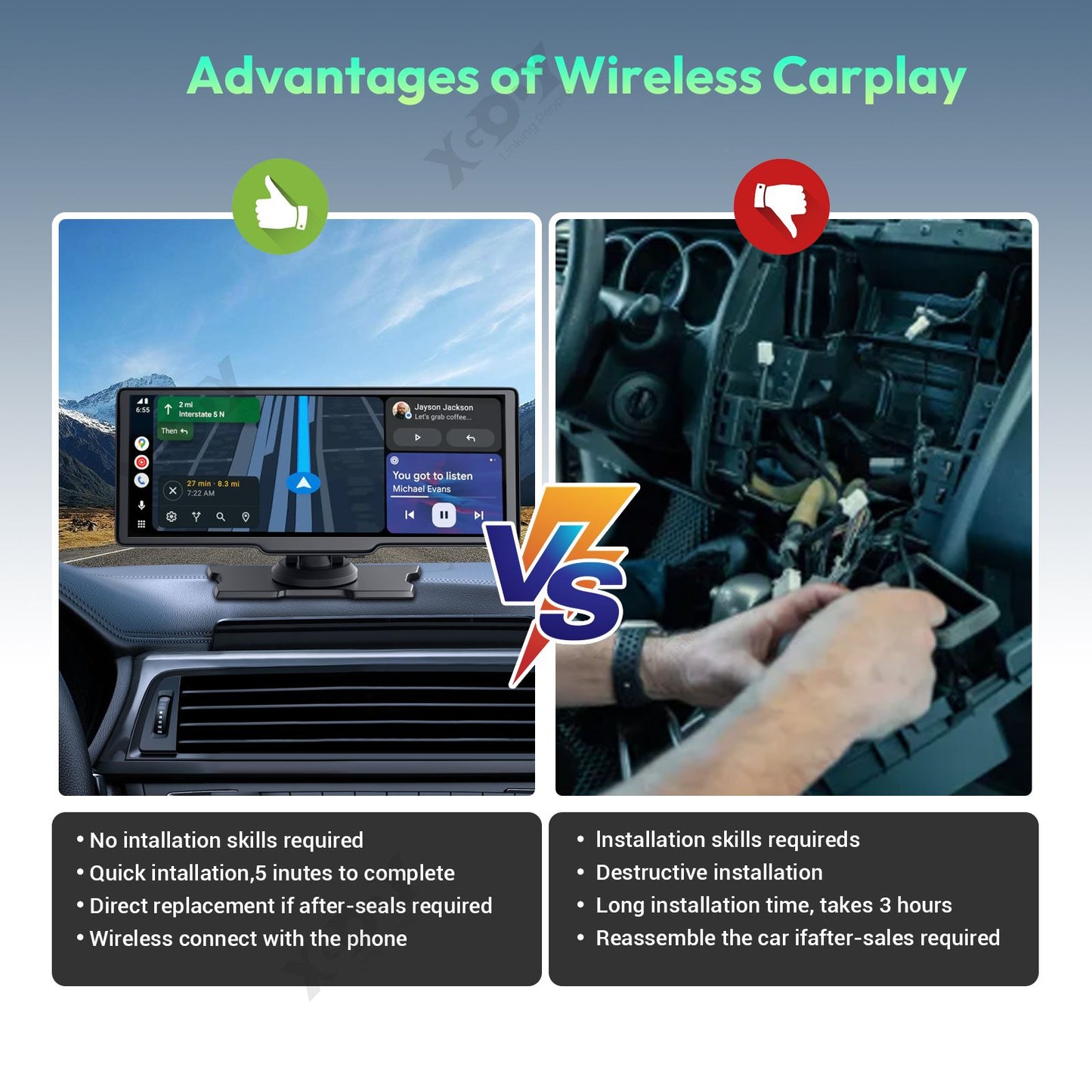 4K 1080P  10.26" Wireless Apple CarPlay Android Auto Touchscreen Car DVR Dashcam Dual Lens Video Recorder Mirror Link WIFI BT FM