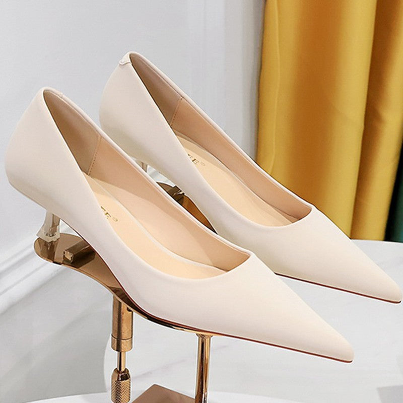 New Big Size Women's Boat Shoes Leather 4.5cm High Heels Pointed Toe Pumps Stilettos Basic Pump For Female White Black Wine Red