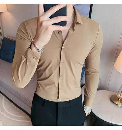Plus Size 4XL-M High Elasticity Seamless Shirts Men Long Sleeve Top Quality Slim Casual Luxury Shirt Social Formal Dress Shirts