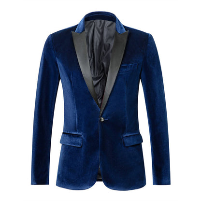 Spring Velvet Men Solid Color Temperament Suit Jacket Turndown Collar Long Sleeve Slim Fit Single Button Velvet Suit Coat