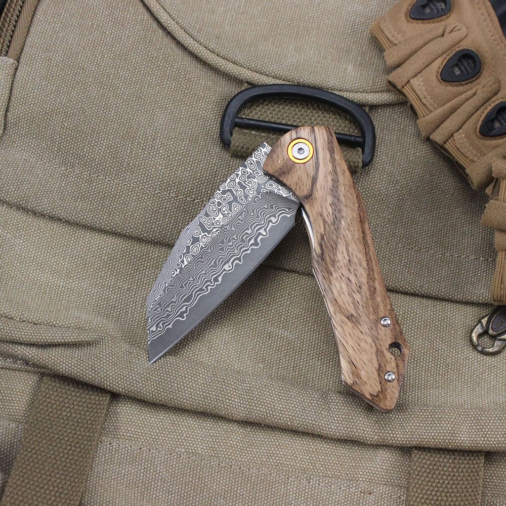 Damascus Pattern Folding Knife Wood Handle Portable Outdoor Self-defense Pocket knife High Hardness EDC Camping Kitchen Knives