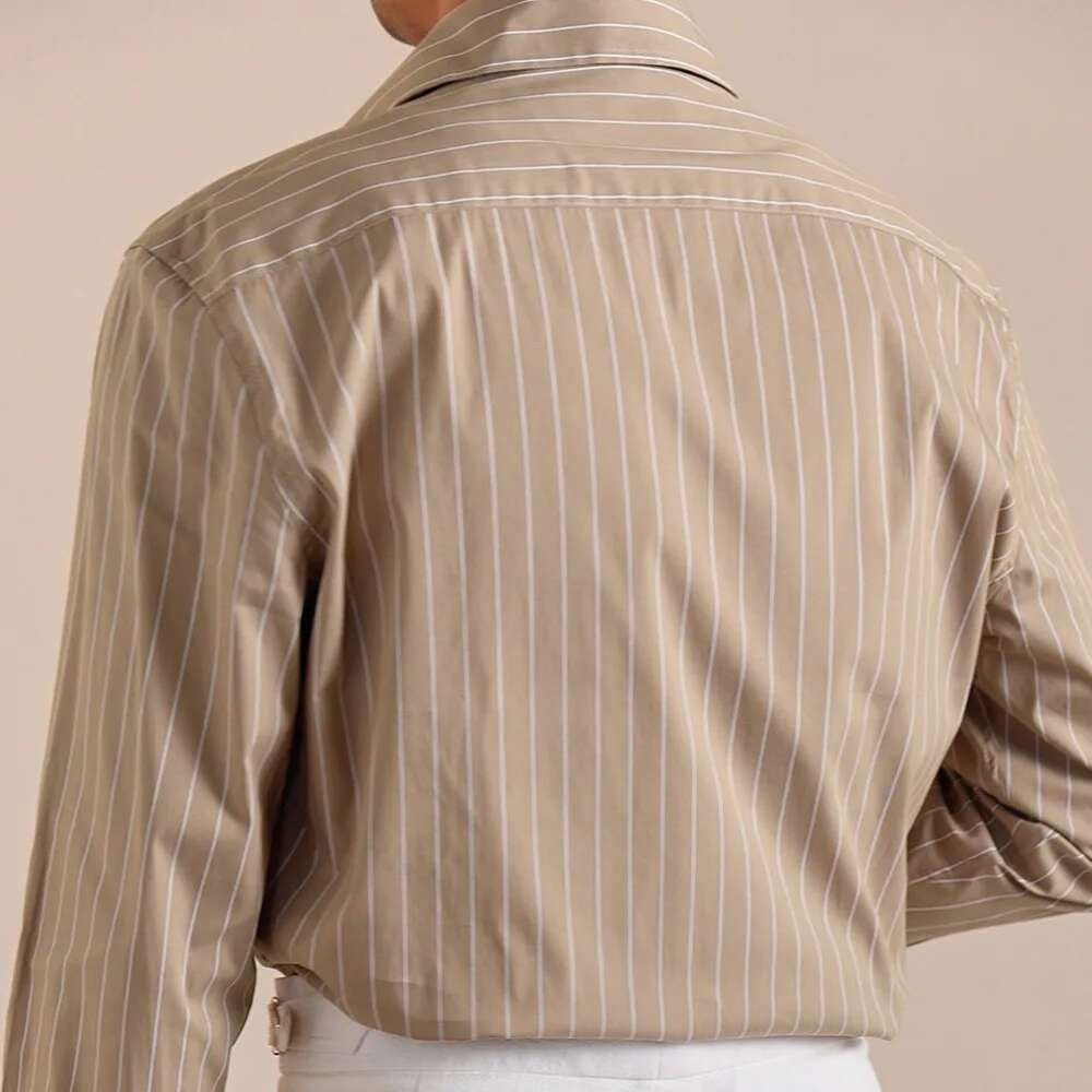 Cotton Blend Striped Casual Italian Style One Piece Collar Long Sleeved Shirt Men High Count Cotton Gentleman Business Shirt Men