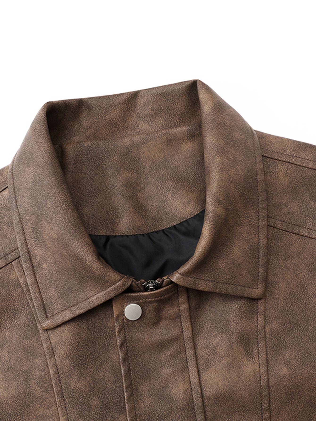 Plus Size Men's Casual Loose Fit Turndown Collar Motorcycle PU Leather Jacket, Suitable For Autumn, Zipper Front