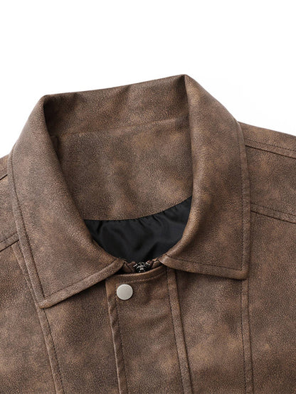 Plus Size Men's Casual Loose Fit Turndown Collar Motorcycle PU Leather Jacket, Suitable For Autumn, Zipper Front