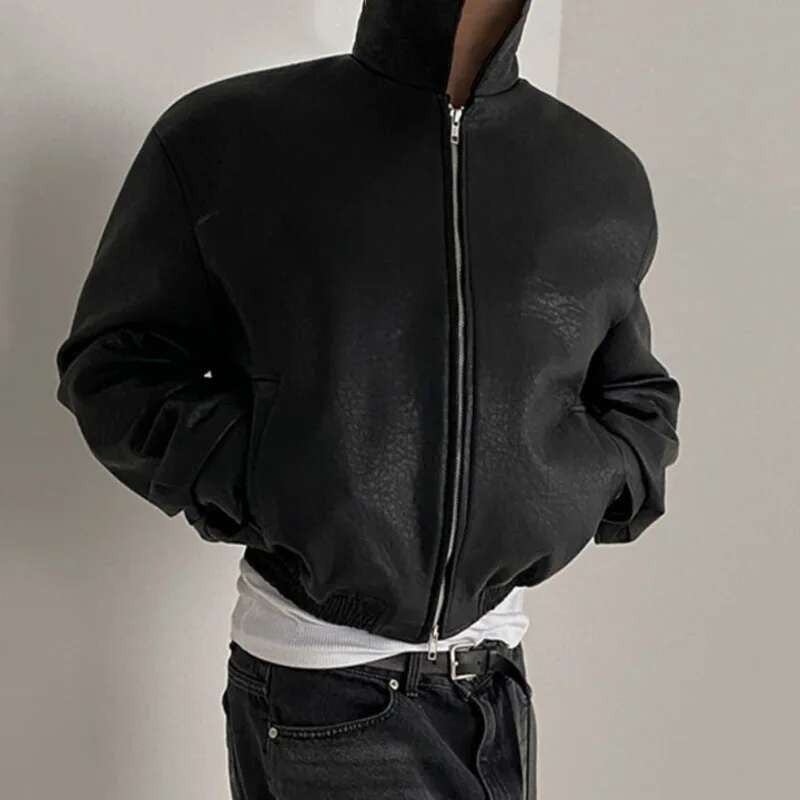 IEFB Short PU Leather Coat Men's Spring Summer Loose Turn-down Collar Coat Korean Style Trend Male Jacket Casual Top 9C5013