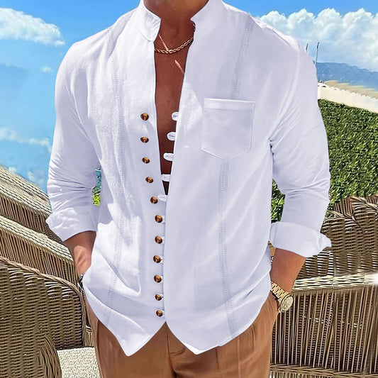 2025 Men's new cotton and linen pocket retro stand-up collar long-sleeved shirt Casual multi-button solid color striped cardigan