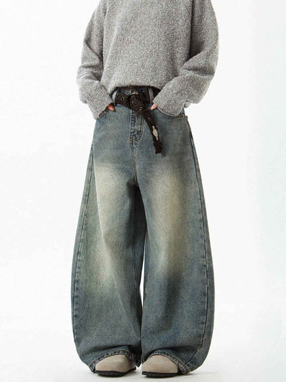 Men's Wear Blue Wide-Leg Denim Pants Baggy Jeans Vintage Three-Dimensional Cut Curved Knife Jeans Loose Fit Summer New Trend