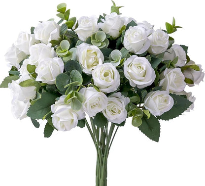 10 Heads pink Artificial Silk Rose Flowers Fake White Eucalyptus  Peony Flower Bouquet, for Home Wedding Party Garden Decoration