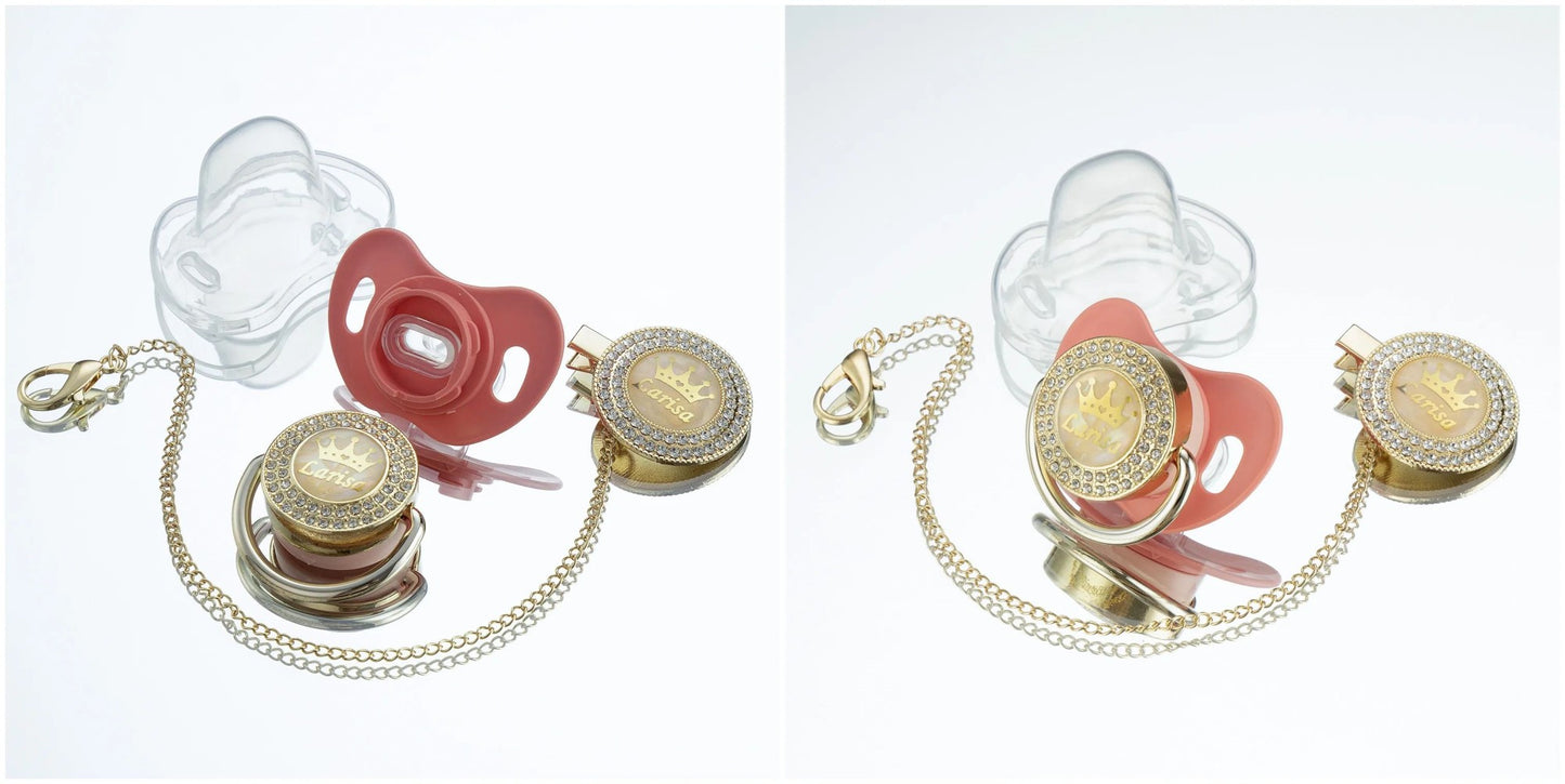 Miyocar Bling Custom Pink Brave Lion Pacifiers Bring 3 Replacement Silicone Teat Include All Size for Boy Girl Baby Shower Gift