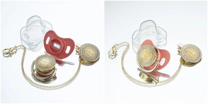 Miyocar Bling Custom Pink Brave Lion Pacifiers Bring 3 Replacement Silicone Teat Include All Size for Boy Girl Baby Shower Gift