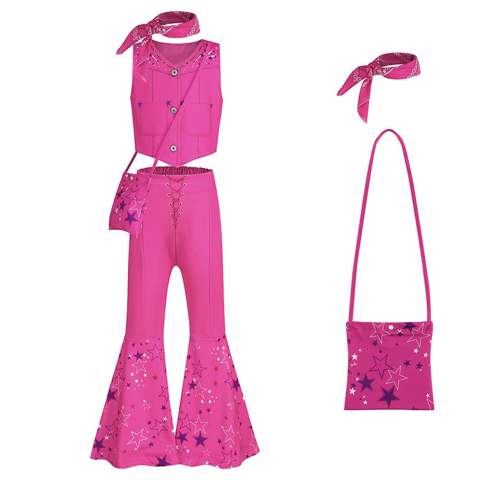 Halloween Hot Movie Margot Robbie Cosplay Baby Pink Plaid Sleeveless Slim Strap Dress Western Cowboy Outfit Full Set