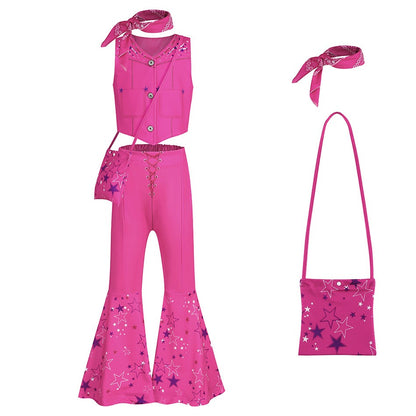 Halloween Hot Movie Margot Robbie Cosplay Baby Pink Plaid Sleeveless Slim Strap Dress Western Cowboy Outfit Full Set