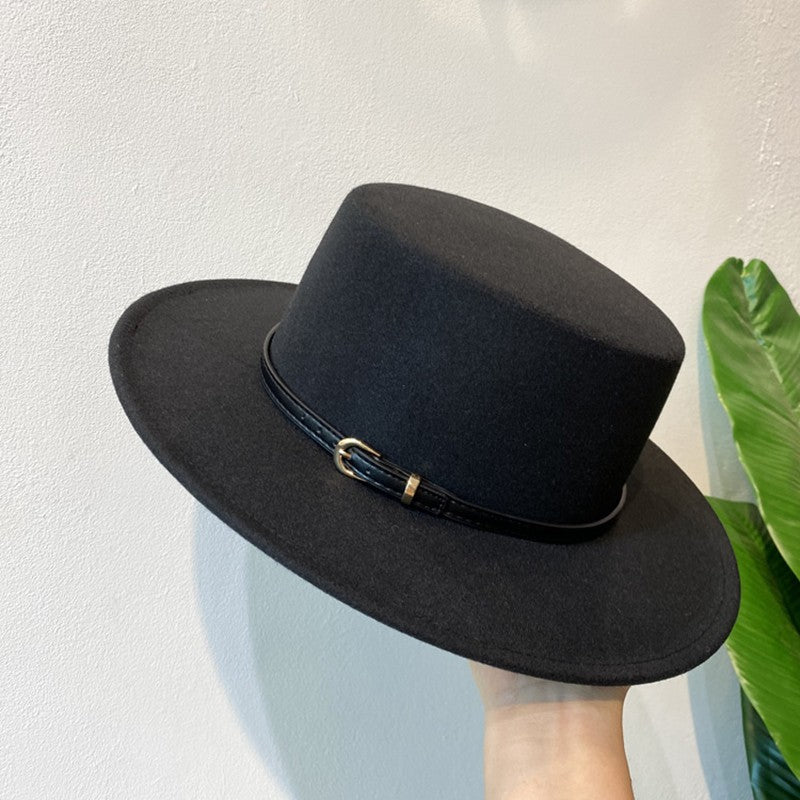 Chapéu Fedora de Lã Feminino com Fivela Decorada Aba Reta Feltro Retrô Jazz Boné Inverno Outono Quente Estilo Britânico Boater