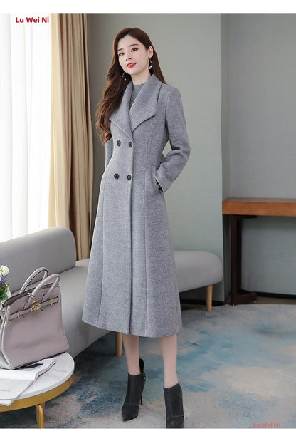 Plus Size Women's Overcoat Long Thickened Woolen Coat Long Collar Slim Fit Waist Cinched Outerwear Spring Autumn New Style Ho...