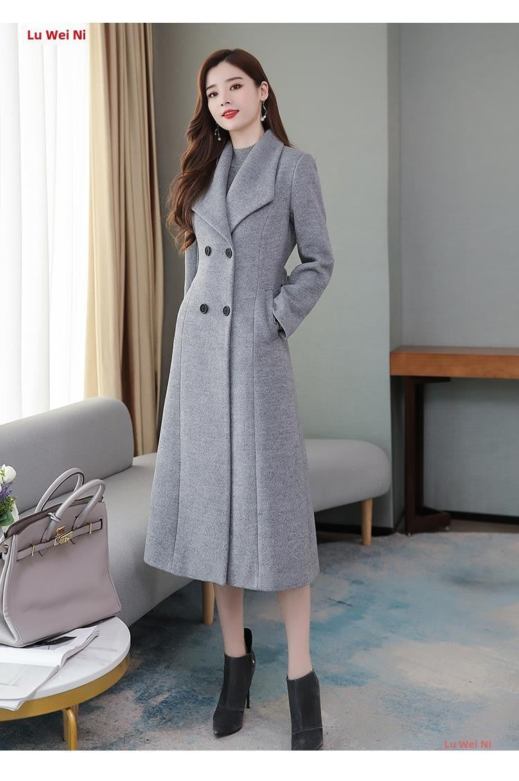 Plus Size Women's Overcoat Long Thickened Woolen Coat Long Collar Slim Fit Waist Cinched Outerwear Spring Autumn New Style Ho...