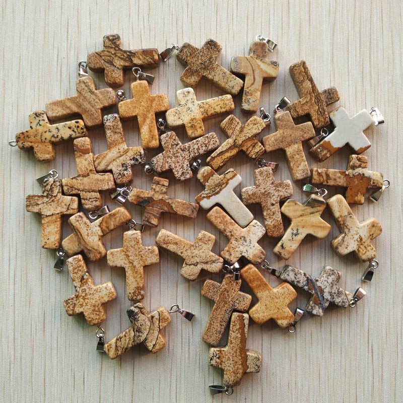 Wholesale 50pcs/lot Fashion Hot Sell Natural Stone Mixed Color Assort Cross Pendants Charms Fit Necklaces Jewelry Making