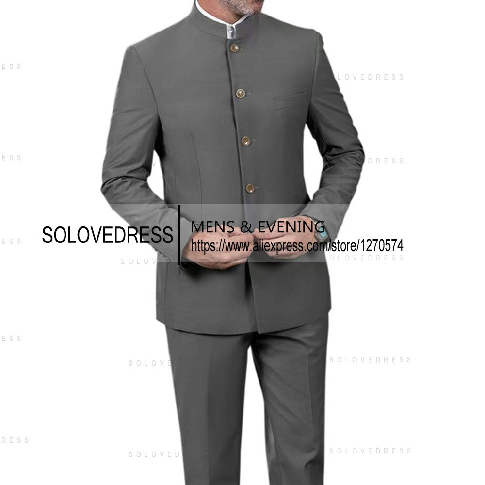Classic 2 Piece Men's Slim Fit Solid Color Stand Collar Wedding Suit (Blazer+Pants?