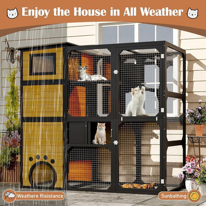 Gatil Externo de Vários Níveis, Resistente às Intempéries, com Plataformas e Quartos para Vários Gatos, Anexado à Janela, Marrom