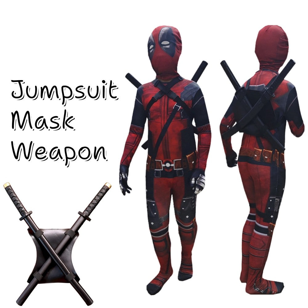 Adult Kids Deadpool Cosplay Costume Bodysuit Outfits Superhero Jumpsuit Boys Movie Character Dress Up Mask Costumes With Swords