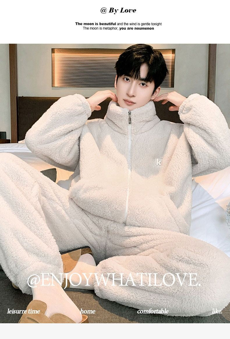 New Men's High Neck Large Size Loose Plush Loungewear Autumn and Winter Thick Warm Flannel Pajamas Can Worn Outside Coral Fleece