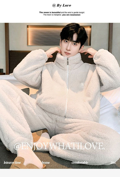 New Men's High Neck Large Size Loose Plush Loungewear Autumn and Winter Thick Warm Flannel Pajamas Can Worn Outside Coral Fleece