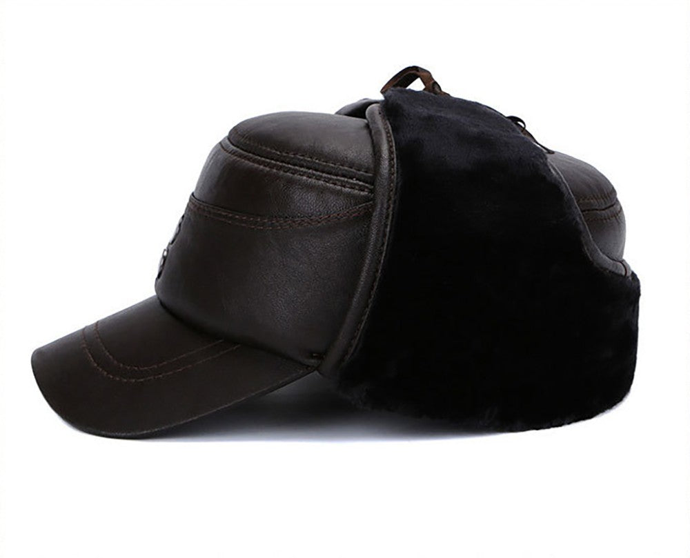2025 New Style Men Ear Flap Genuine Leather Hat Winter Vintage Baseball Caps Thicken Warmer Flat Hats Fashion Real sheepskin Cap