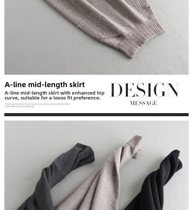 Autumn Winter Women's Mid-Length Knitted Pleated Skirt High Waist A-Line Long Skirt Loose Fuzzy Wool Skirt Double ket