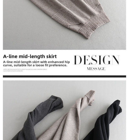 Autumn Winter Women's Mid-Length Knitted Pleated Skirt High Waist A-Line Long Skirt Loose Fuzzy Wool Skirt Double ket