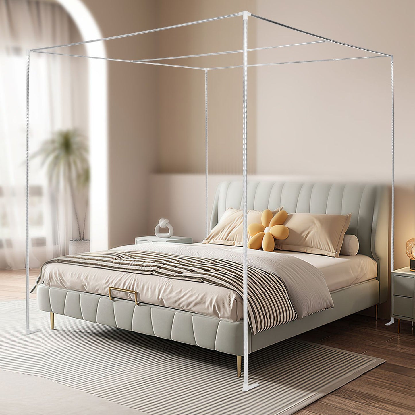 Detachable Mosquito Net Frame?Silver Rust-proof Stainless Steel Bedding Canopy Frame?for 4 Corner Bed for Twin/Full Size Bed