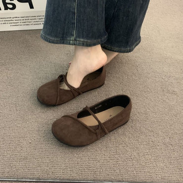Women's Elegant Brown Mary Jane Flats French-Style Suede Loafers Spring/Autumn Collection Flat Shoes for Casual Wear
