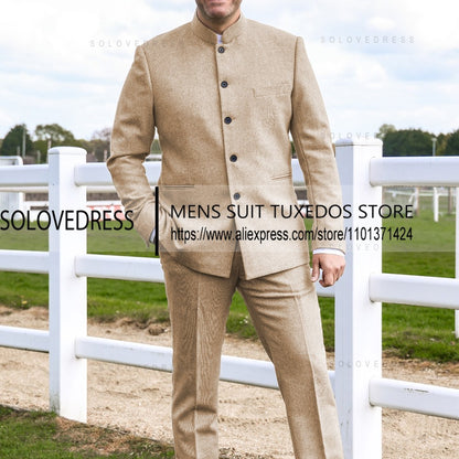2 Pieces Men's Suits  Herringbone Tweed Stand Collar Single Breasted  Groomsmen Wedding Suits Men suits ?Blazer+Pants?