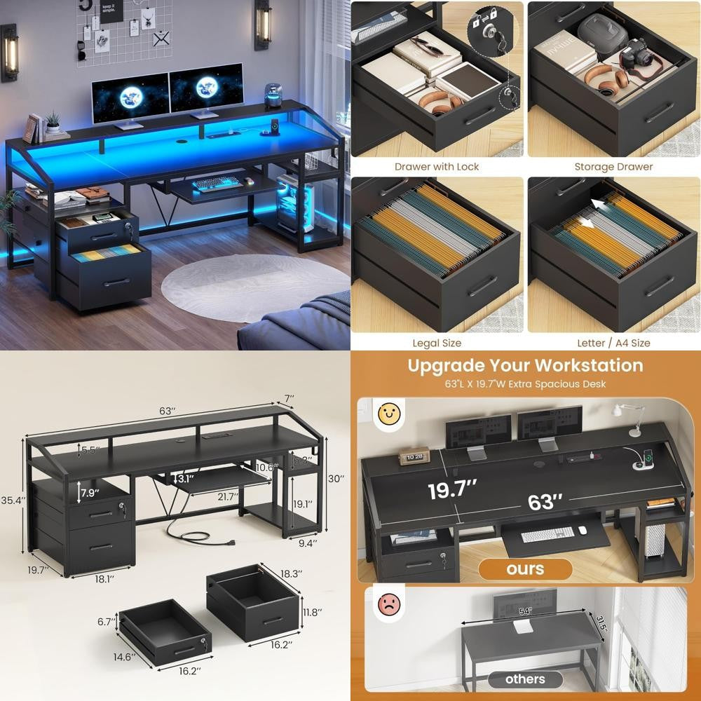Mesa de jogos com luzes de LED, tomada elétrica, gavetas com chave para escritório e casa, escrivaninha de computador de 63" com armazenamento para arquivos tamanho A4/Carta