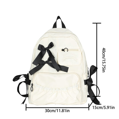 Mochila com Laço Fofo Bordado com Letras de Nylon para Escola Grande Capacidade Zíperes Duplos Alças Ajustáveis Volta às Aulas