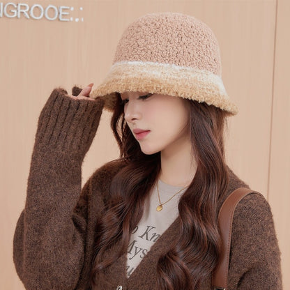 New Warm Luxury Bucket Hat For Women Plush Patchwork Autumn Winter Wool Felt Stripe Large Bucket Hat Colorful Faux Fur Hat Cap