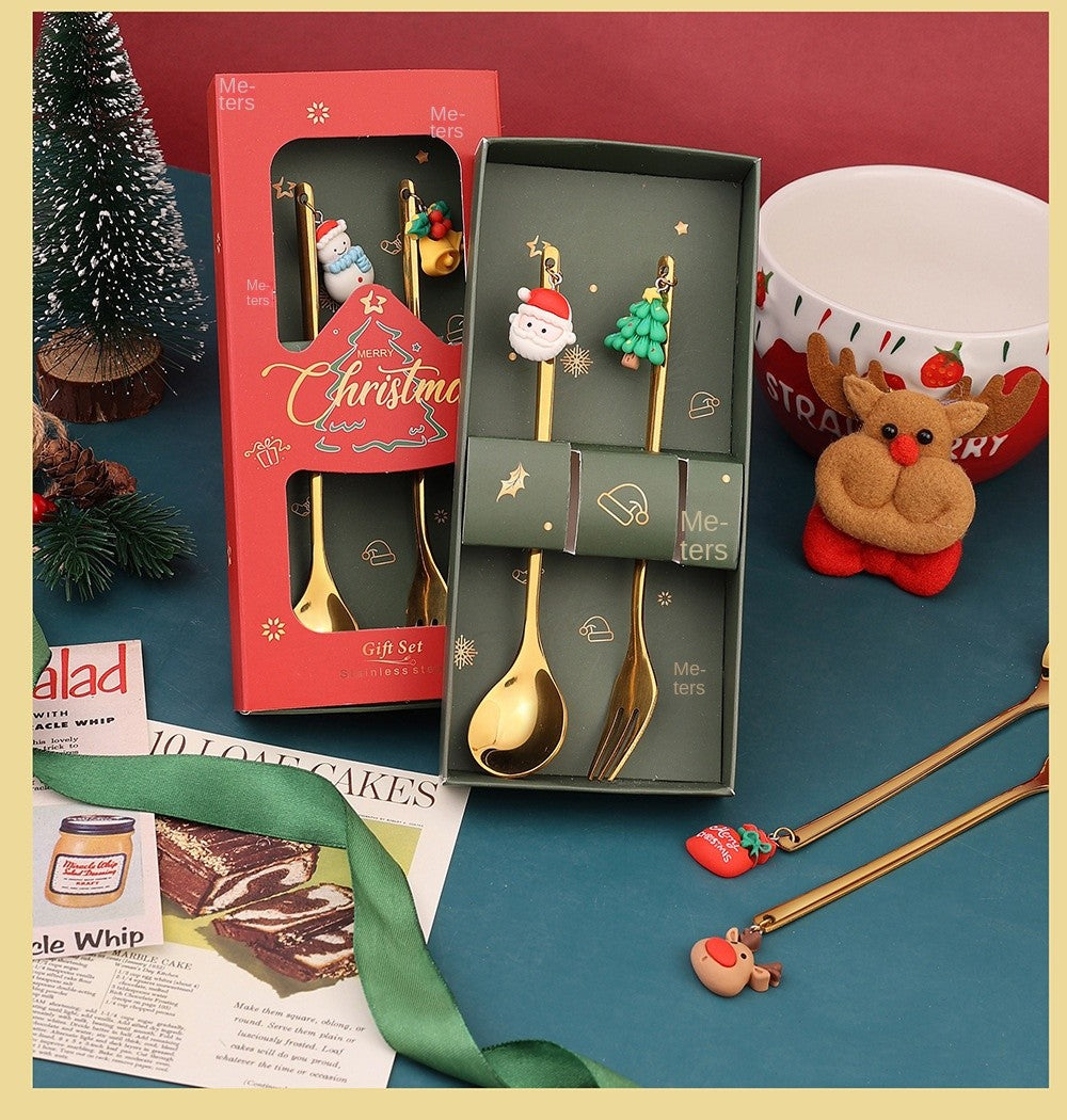 Warm Christmas Gift! Creative Santa Doll Dessert Spoon Fork 2-Piece Set Portable Tableware in Gift Box Sweet Surprise Friends