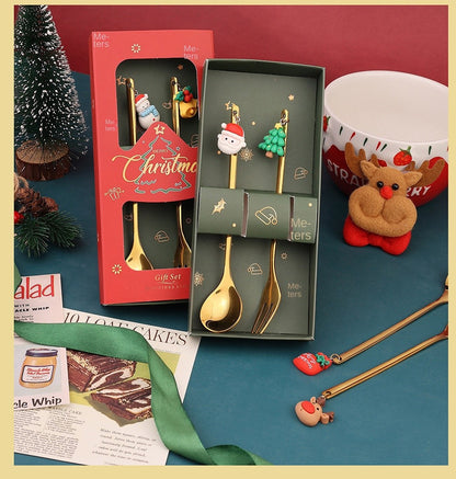 Warm Christmas Gift! Creative Santa Doll Dessert Spoon Fork 2-Piece Set Portable Tableware in Gift Box Sweet Surprise Friends