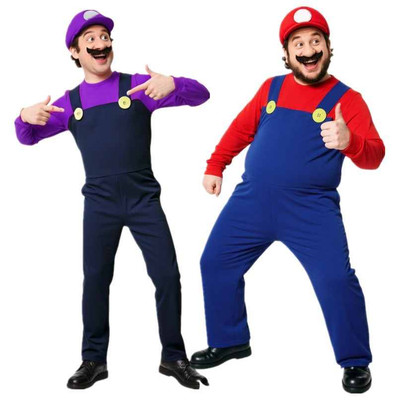 Adult Red, Yellow, Purple Plumber Jumpsuit Cosplay Costume Men's Holiday Carnival Game Costume Includes hat, gloves, fake beard