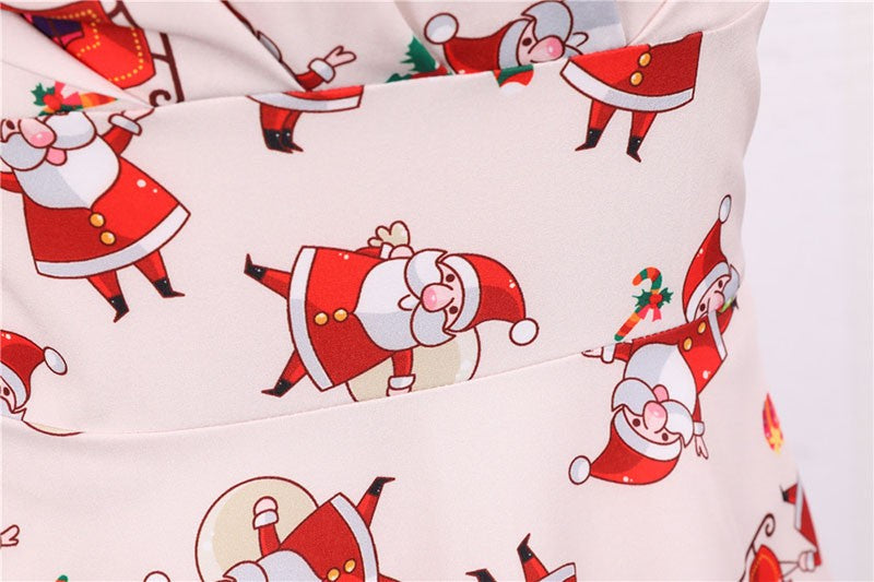 Fashion V-neck Short Sleeve Printed Christmas Dress Large Swing Vintage Elegant Xmas Party Dress