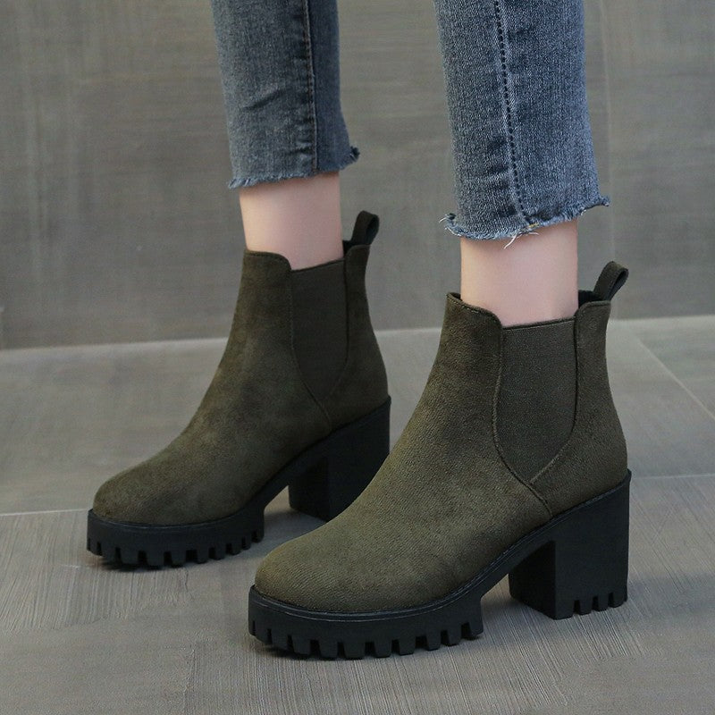 Autumn Women Suede Ankle Boots Fashion Metal Decoration Slimming Short Booties Autumn Winter Female Thick Heel Shoes D114