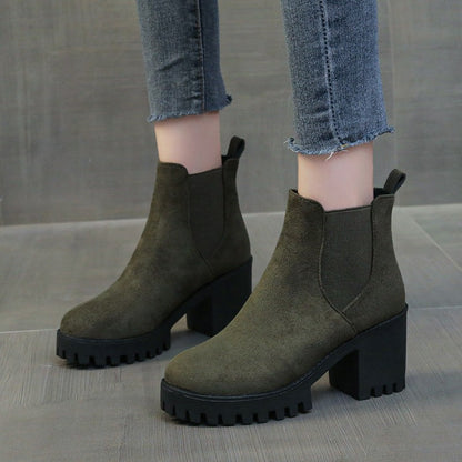 Autumn Women Suede Ankle Boots Fashion Metal Decoration Slimming Short Booties Autumn Winter Female Thick Heel Shoes D114
